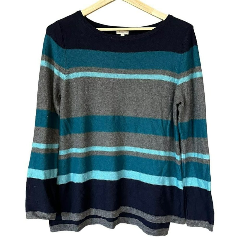 Talbots Blue and Gray Striped‎ Rayon Sweater Sz M Petite